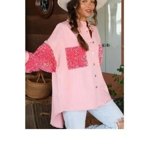 Fantastic Fawn Peach Hot Pink Sequin Sleeve Shacket Oversized Jacket small NWT